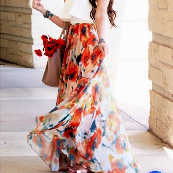 Chicwish ORANGE BLOSSOM WATERCOLOR MAXI SKIRT Sz M - Picture 2 of 8
